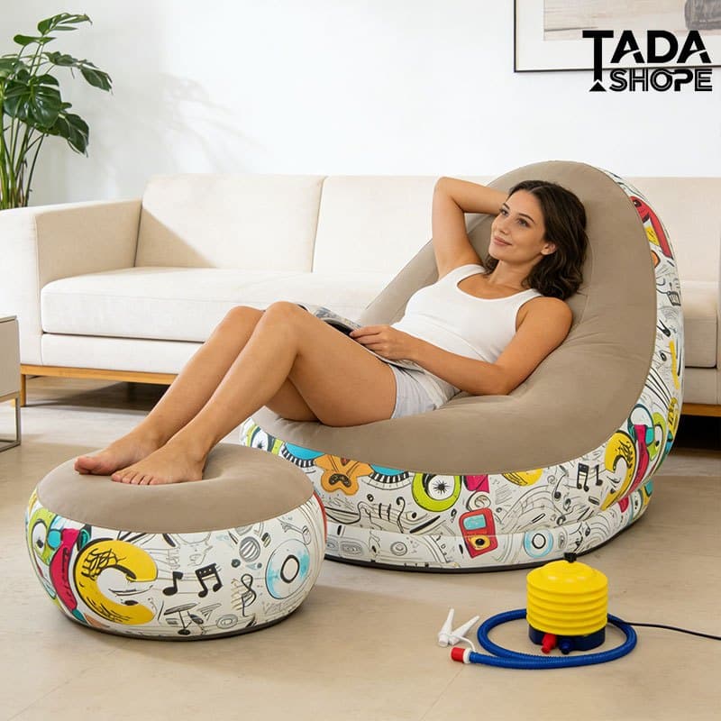 Sofá Inflável com Estampa Grafite TUDO INCLUÍDO | Conjunto Completo (Sofá + Puff) e Bomba de Ar – TADA SHOPE