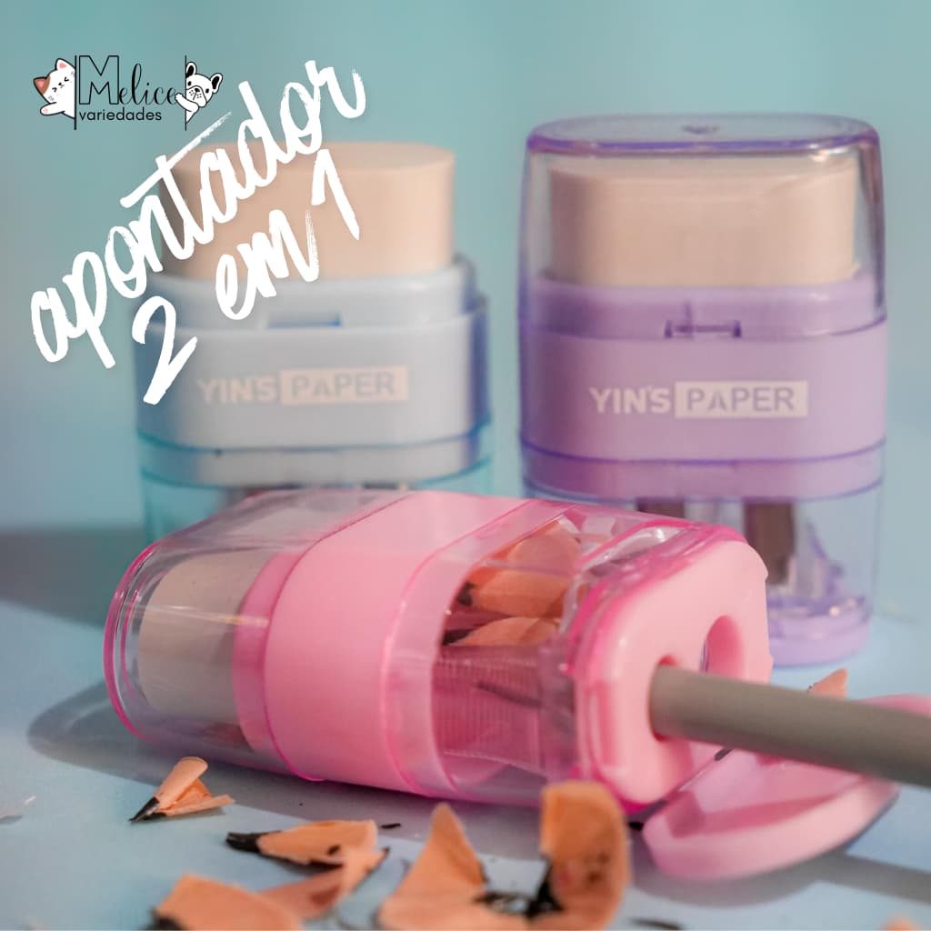 Apontador 2 em 1 com BORRACHA - DEPÓSITO E APONTADOR DE LAPIS CONVENCIONAL E JUMBO - CORES PASTEL