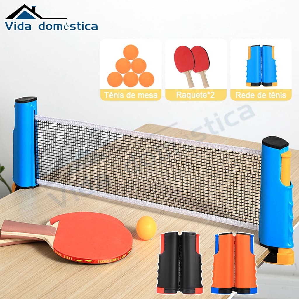Kit Para Ping Pong Com 2 Raquetes 6 bolinhas e 1 Rede Retratil Adaptável Até 1,65M