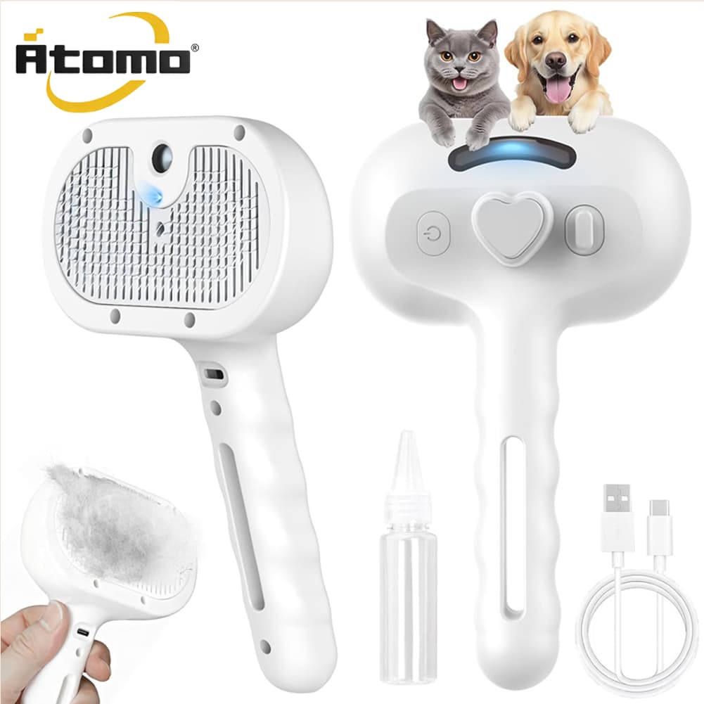 ATOMO Pente de beleza 3 em 1 com spray para animais de estimação – Pente multifuncional com luz azul