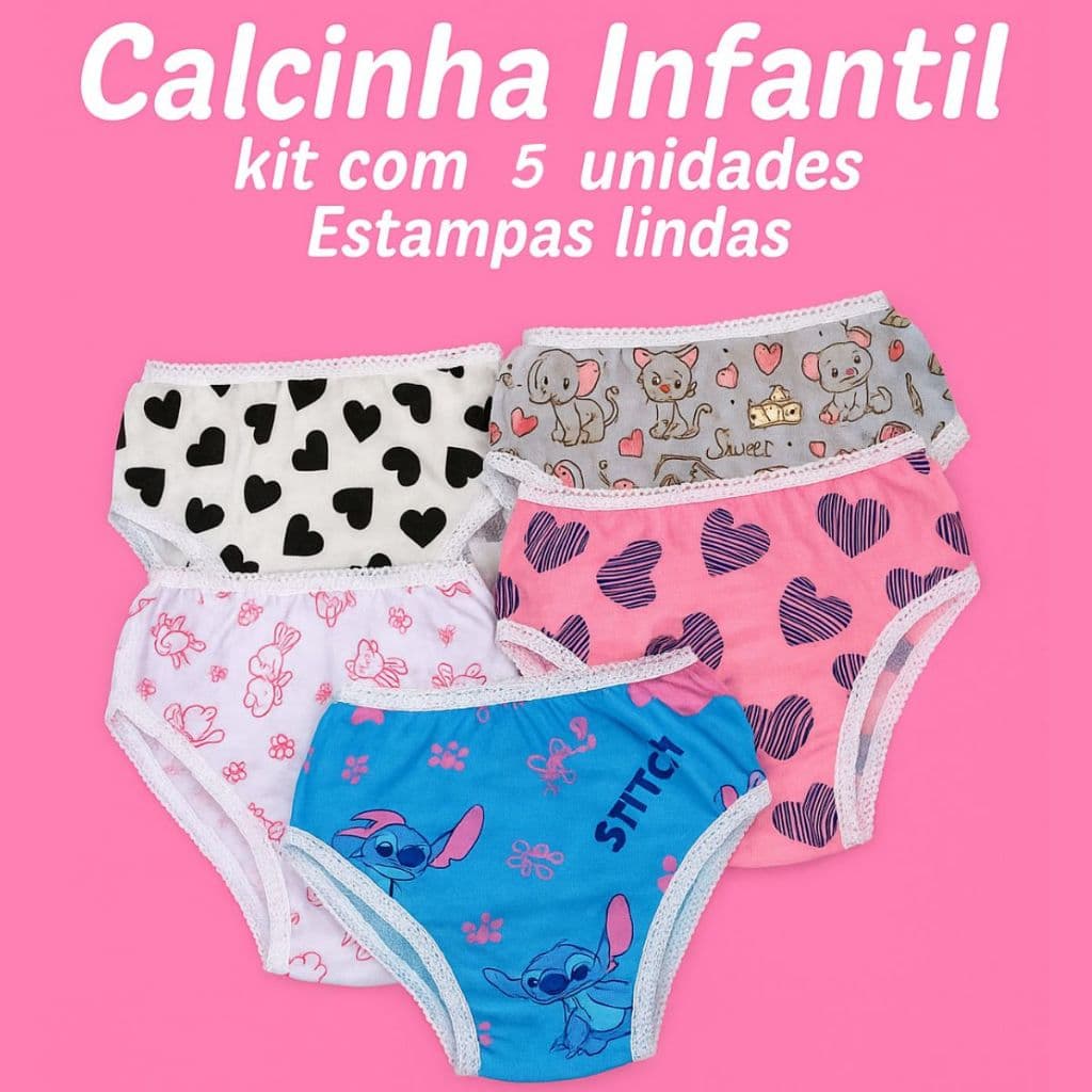 Kit 5 Calcinhas Infantil Menina Estampadas Confortáveis - Valentina N/A