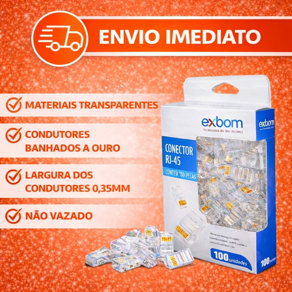 Kit 100 Conector RJ45 Cat5e Ouro Cristal Gigabit