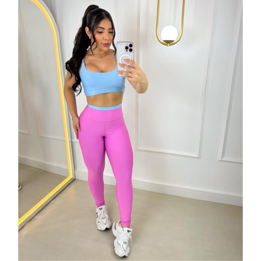 Conjunto Fitness Calça Legging e Top com Bojo Feminino Bicolor Academia Costura Reforçada Cós Alto