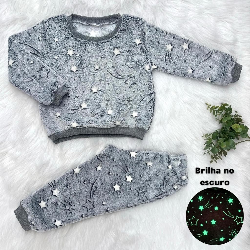 Conjunto em Fleece de Frio Blusa e Calça Infantil Menino e Menina Unissex Inverno Brilha No Escuro