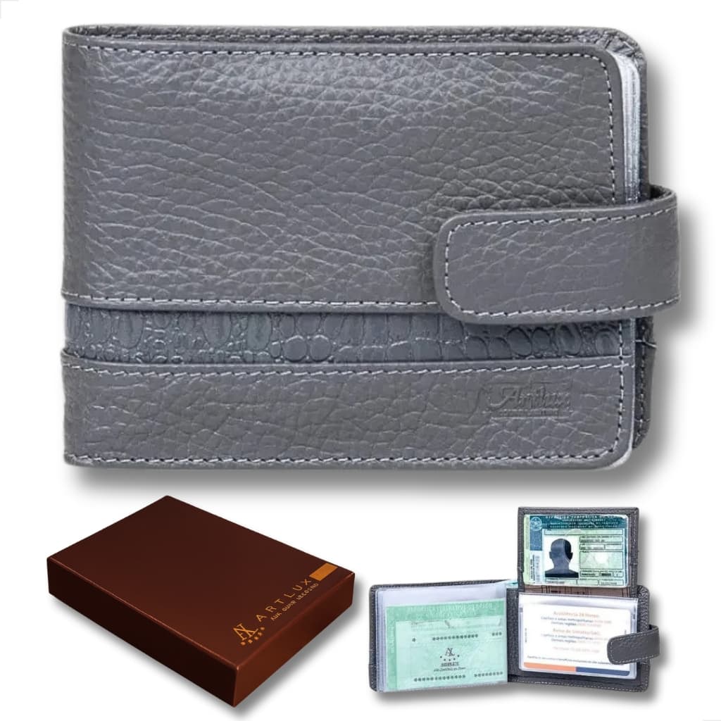 Carteira Masculina Com Porta Cartões Couro Legítimo Cinza