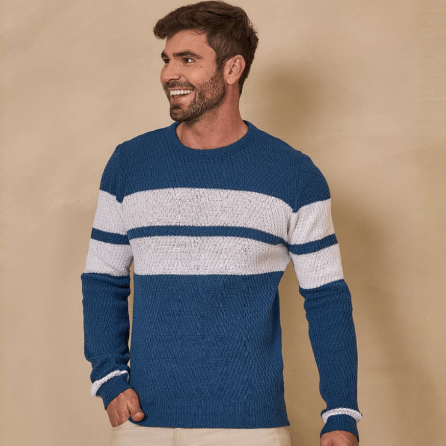 Suéter Masculino Tricot Premium Malha Texturizada Faixa Peito Conforto Térmico Gola Redonda Casual