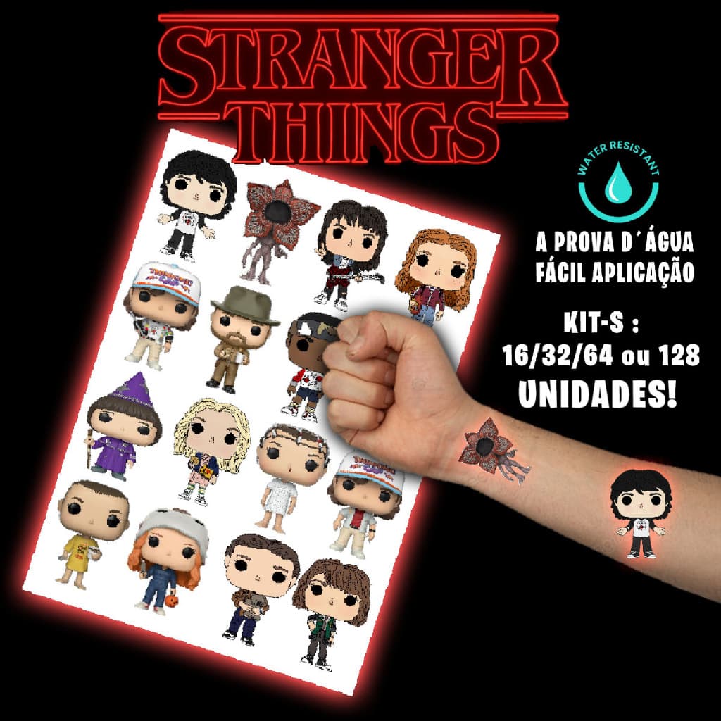 Tatuagem Temporaria Personagens Stranger Things - 16, 32, 64 ou 128 unidades