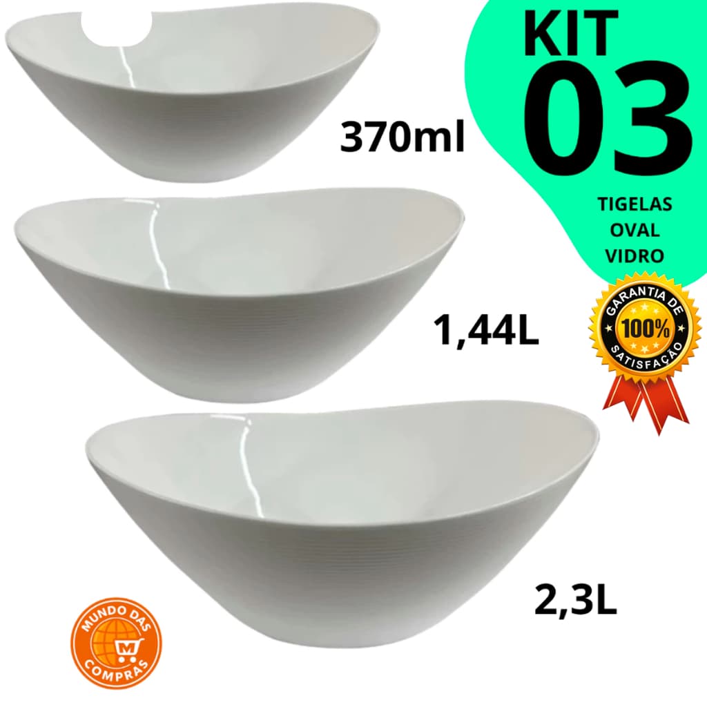 kit Tigelas 3 peças Travessas Oval em Vidro Temperado opaline kit tigela Branca