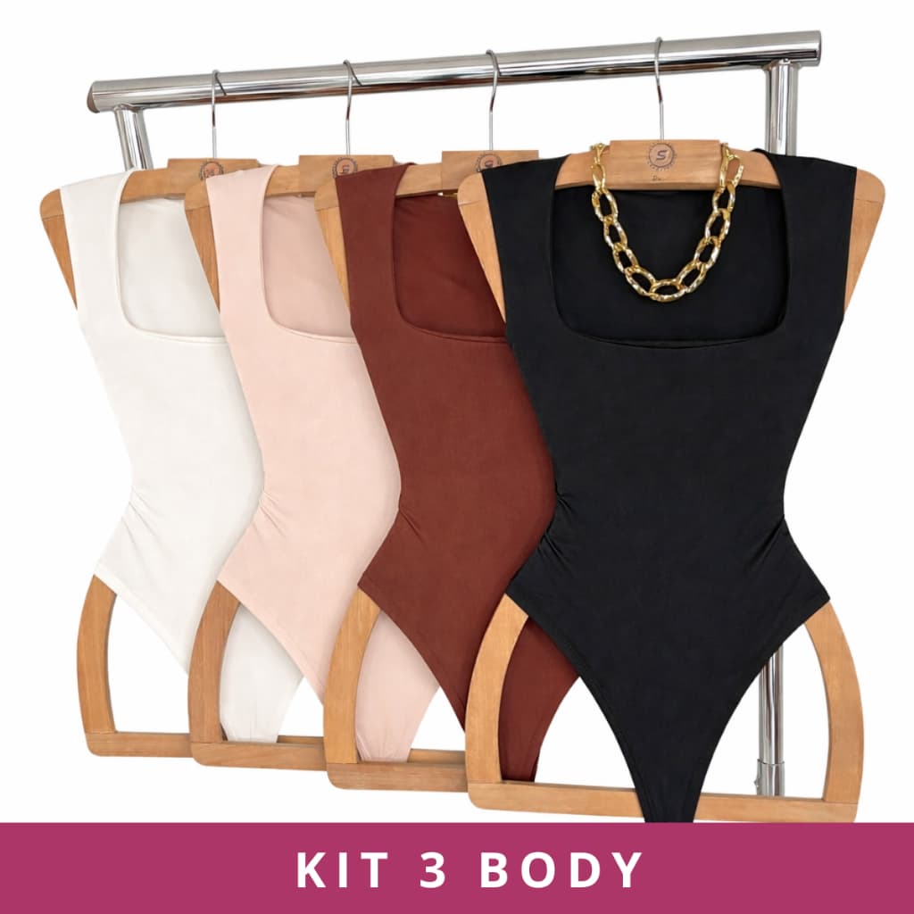 Kit 3 Body Regata Decote Quadrado Feminino Luxo Alças Grossas Collant Sulplex Forro Dulplo