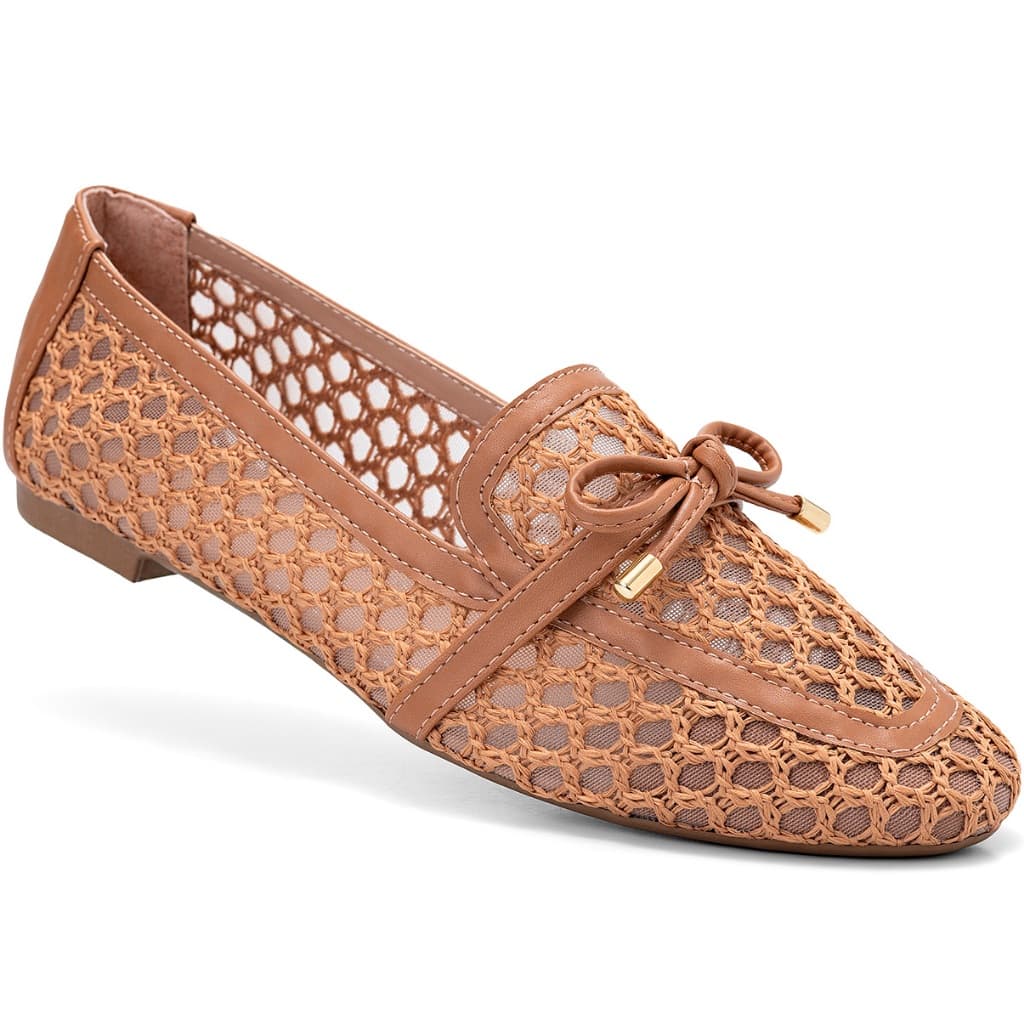 Mocassim Feminino Lumiss Material Natural Tela Bico Quadrado Confortável Enfeite Laço