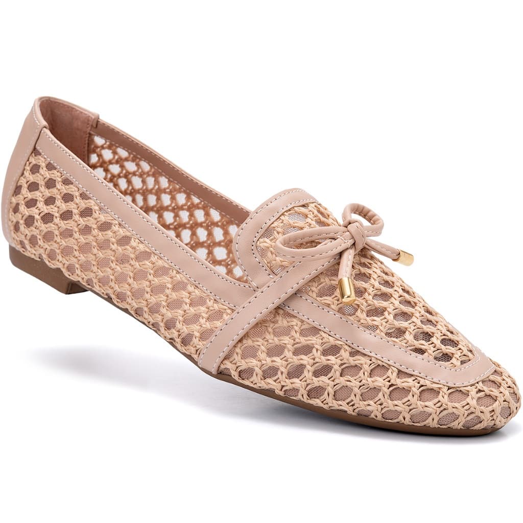 Mocassim Feminino Lumiss Material Natural Tela Trançado Bico Quadrado Confortável Nude