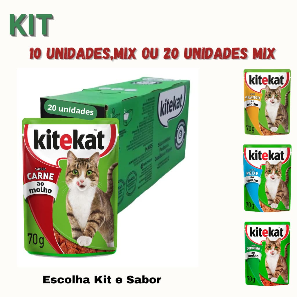 KITEKAT SACHÊ RAÇÃO ÚMIDA PARA GATOS 70G KIT 10 UND OU 20 UND MIX