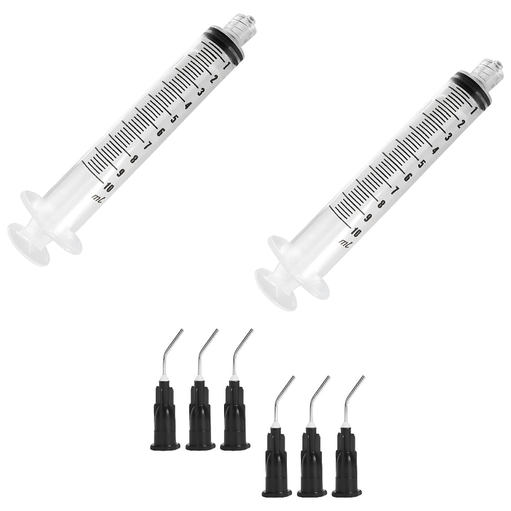 Kit Com 2 Seringas 10ml + 6 Pontas Aplicadoras Curvas Metálicas para Fluxo Solda Pasta Térmica Cola