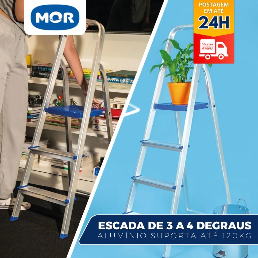 Escada De Alumínio 4 Degraus MOR Antiderrapante Até 120KG Prateada/Azul