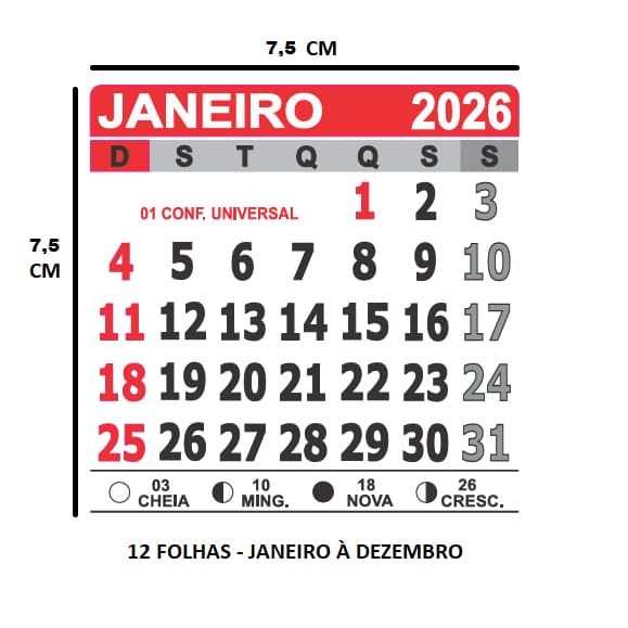 MINI BLOQUINHO CALENDÁRIO 2026 7,5X7,5CM P/ IMÃ GELADEIRA 100UN