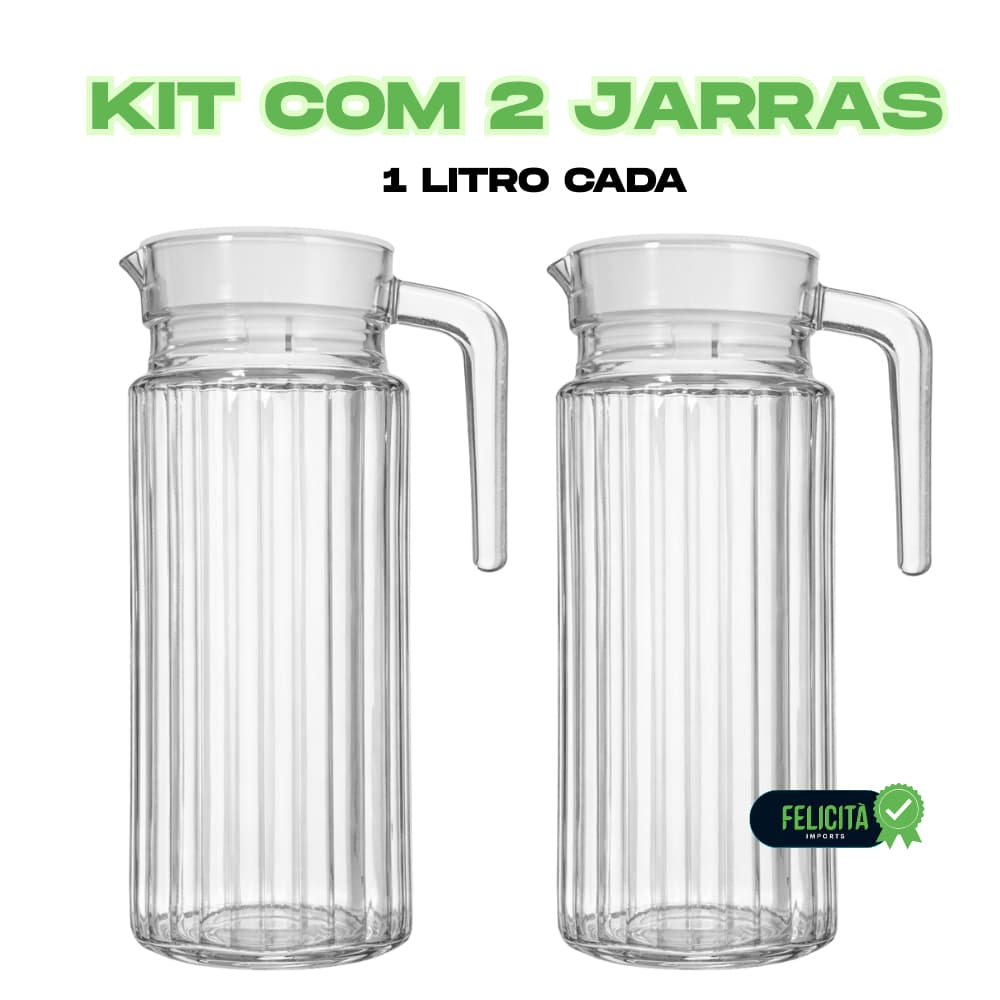 Kit 2 ou 1 Jarras 1 Litro Vidro Grosso Para Suco Agua Com Tampa Alça Transparente