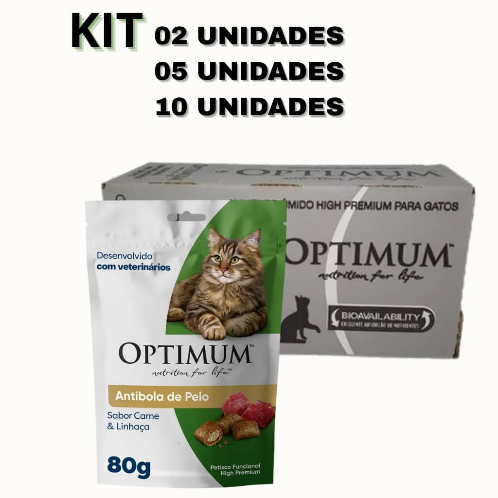PETISCO OPTIMUM ANTI BOLA DE PELO SABOR CARNE E  LINHAÇA para Gatos Adultos 80g KIT 02,05 E 10 UN