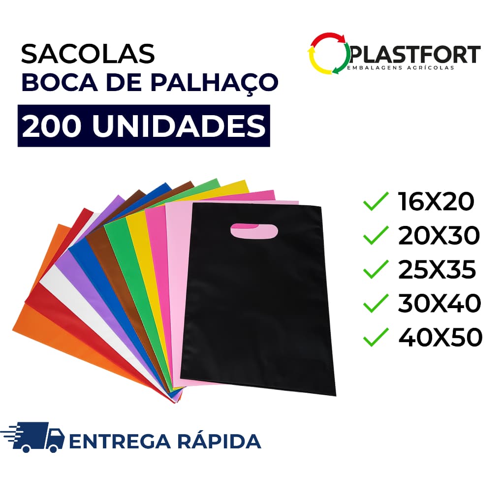 200 Sacolas Boca de Palhaço 16x20, 20x30, 25x35, 30x40 e 40x50 Sacolinhas Alça Vazada Várias Cores