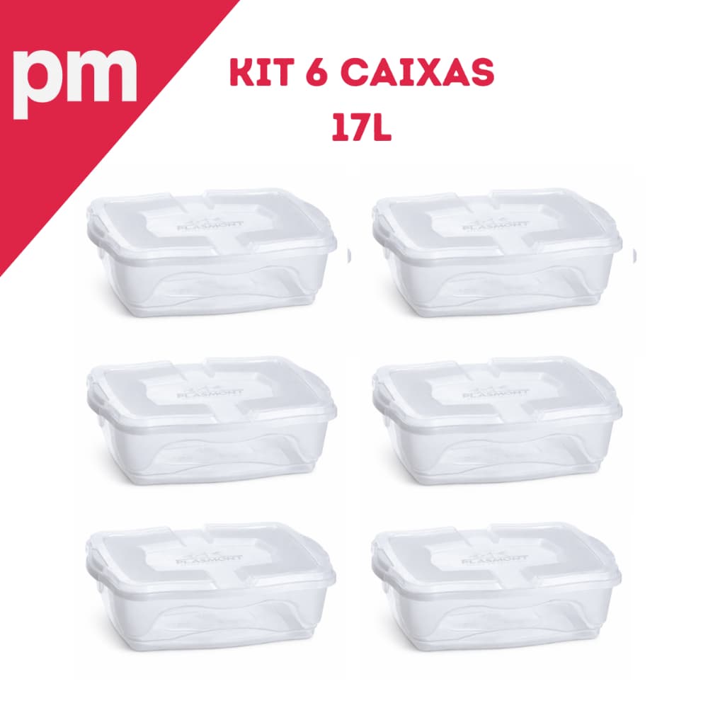 Kit 6 Caixas Organizadoras 17 Litros Com Trava Transparente