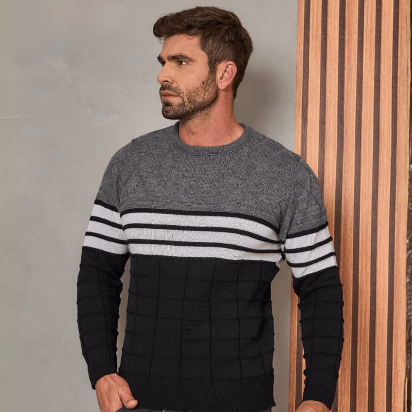 Blusa de Frio Tricô Masculino Térmica Segunda Pele Lã Listrada Textura Manga Longa Gola Redonda