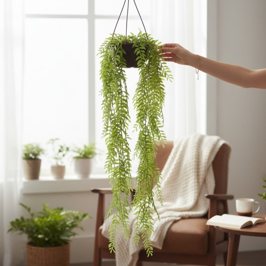 Kit Planta Decorativa: Vaso Marrom + 2 Pendente Planta Caida Samambaia Artificial 1 Metro