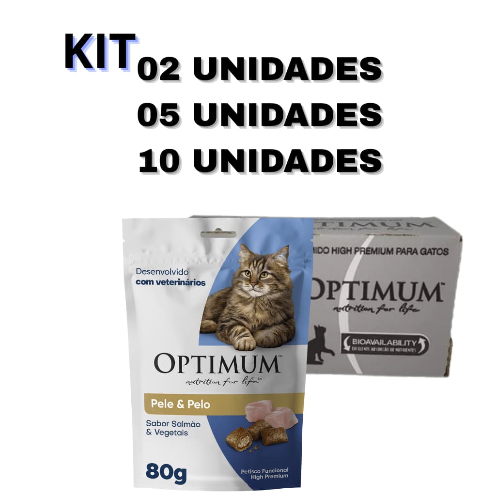Petisco Optimum Pele e Pelo Sabor Salmão e Vegetais para Gatos Adultos 80g KIT02/05/10 UN
