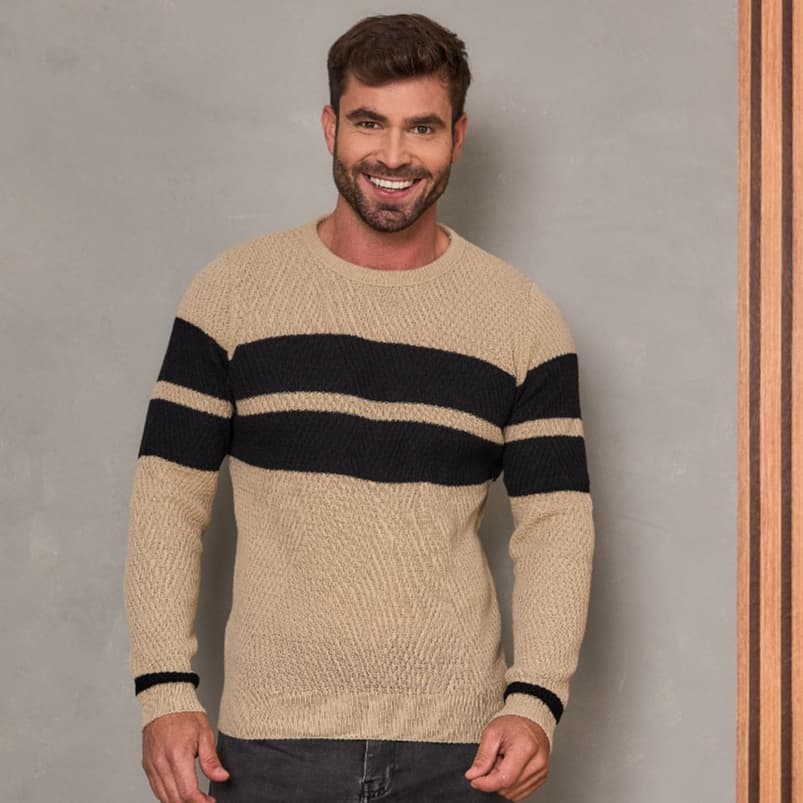 Suéter Masculino Blusa de Frio Tricô Manga Longa Listrada Social Casual Gola Redonda Malha