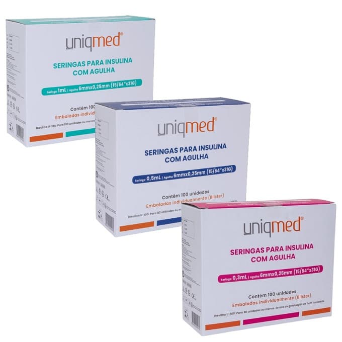 Seringa 0,3ml (30ui), 0,5ml (50ui) ou 1ml (100ui) Agulha EXTRA FINA FIXA 6mmx0,25mm 31G  - Uniqmed