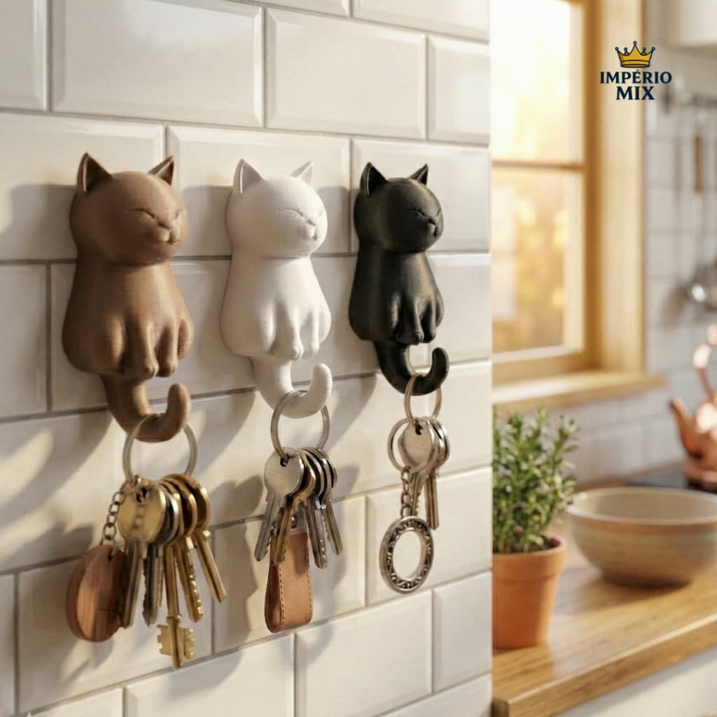 Gancho Decorativo Gato - Kit 3 Unid. | Porta-Chaves & Acessórios Fofo