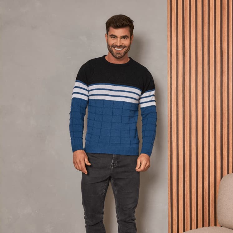 Blusa de Frio Térmica de Lã Sueter Tricot Masculino Manga Longa Gola Redonda Listrada Segunda Pele