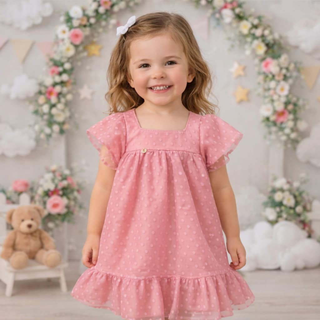 Vestido Infantil Criança Menina Manguinha com Tule Poá Liso