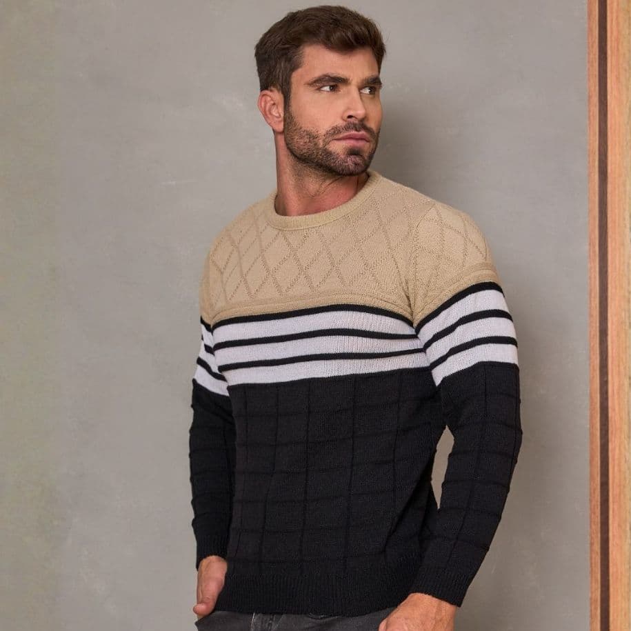 Blusa Masculina Suéter Tricô Manga Longa Gola Redonda Listrada e Xadrez Lã Térmica Blusa de Frio
