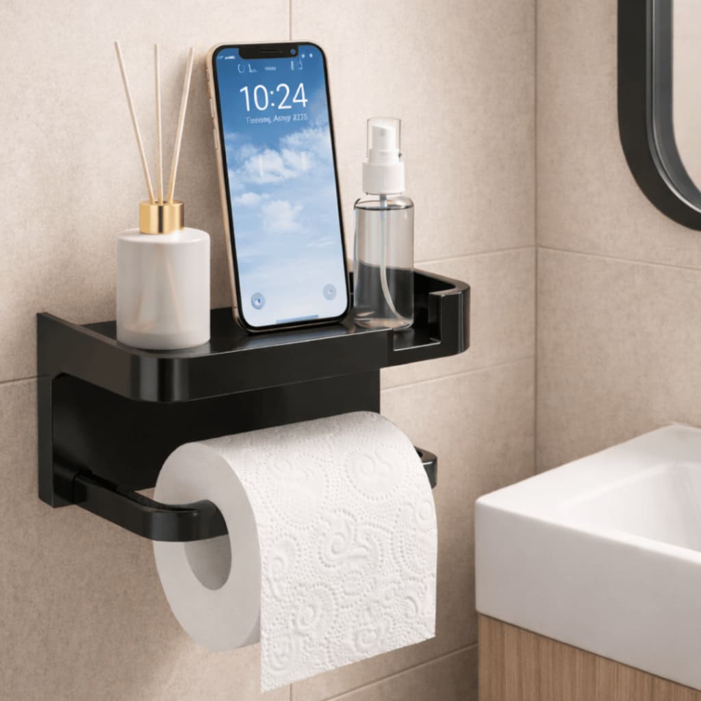 Suporte Porta Papel Higiênico com Suporte para Celular | Fixação Adesiva Sem Furo | Banheiro Moderno