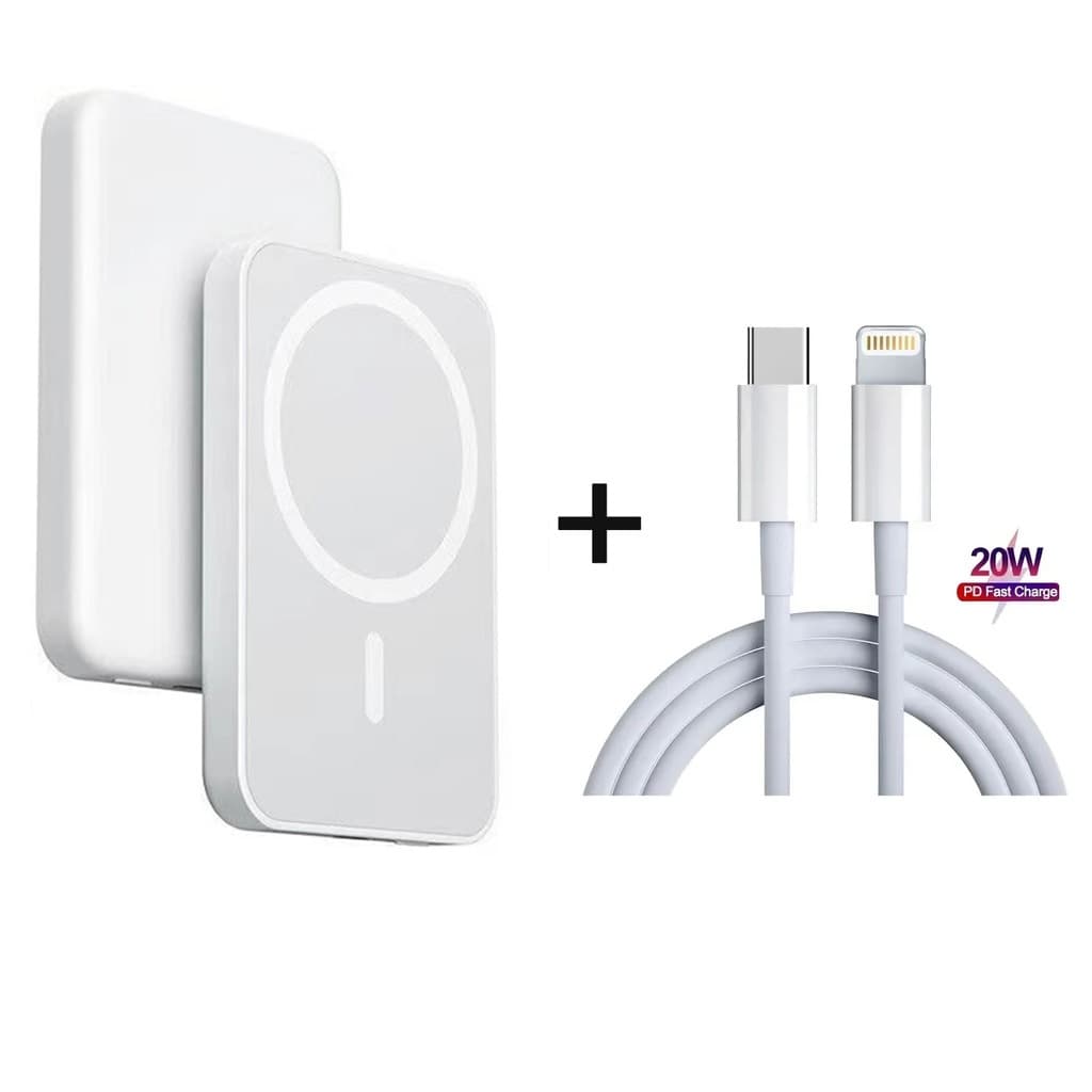 Kit 2 em 1 Power Bank Portátil   Pack MagSafe + Cabo de iphone Rápido 20W USB-C para Lightning 1m