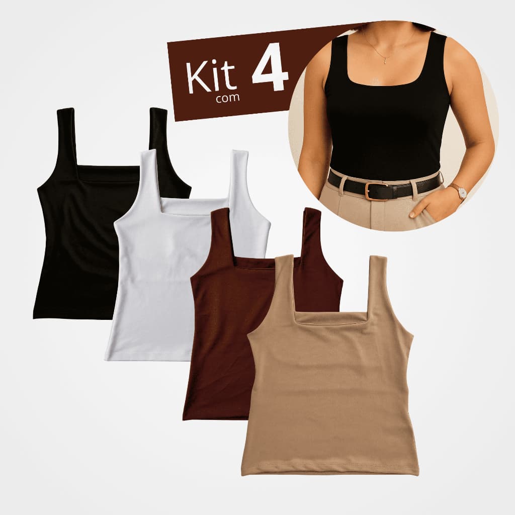 Regata Feminina 4 em 1 dia a dia , festa , academia , formal Decote Quadrado Elegante Suplex Toque Fresco