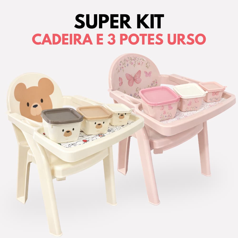 Cadeira de Alimentação Infantil + 3 Potes Urso Rosa e Azul– Refeição Segura e Divertida Bebê