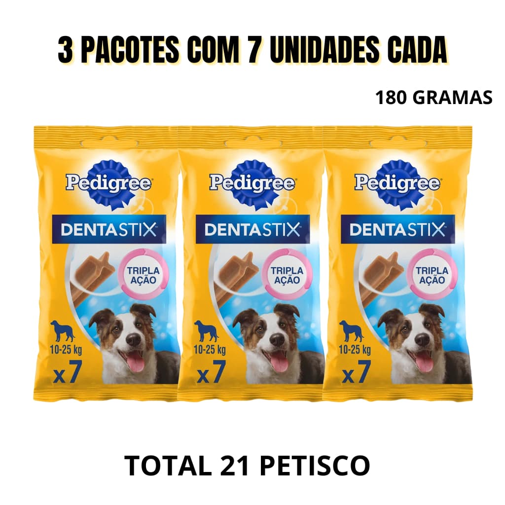 3 Pacotes Petisco Pedigree PROMOÇÃO CÃO  RAÇAS MÉDIAS DENTASTIX 180G 7 UNID