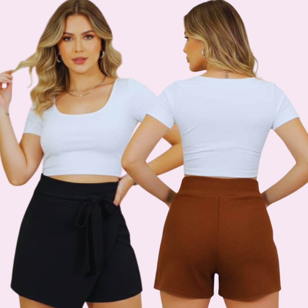 Kit Shorts Saia Envelope Transpassado em Anarruga - Cintura Alta e Amarração