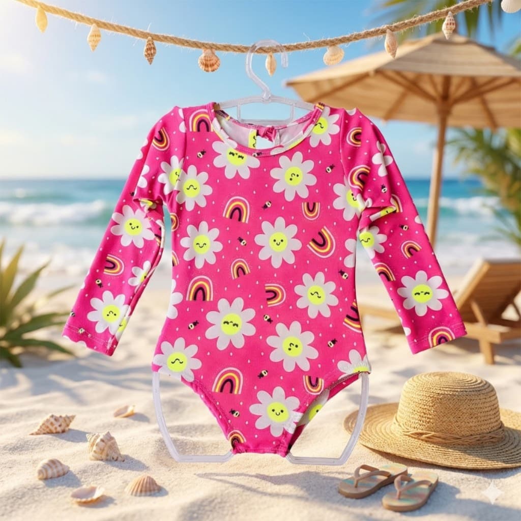 Maiô Infantil Menina Manga Longa Estampado Proteção UV Praia Piscina Conforto Verão Rosy Kids Moda