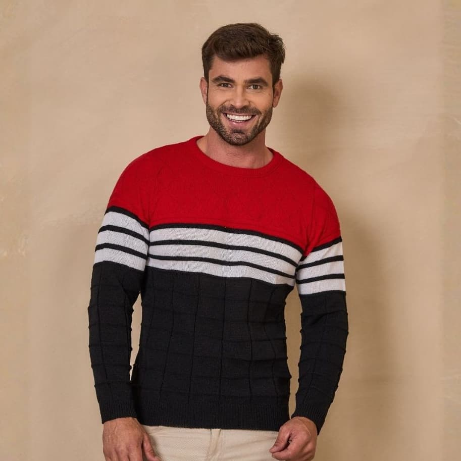 Blusa de Frio Tricô Masculino Térmica Segunda Pele Lã Listrada com Textura Manga Longa Gola Redonda