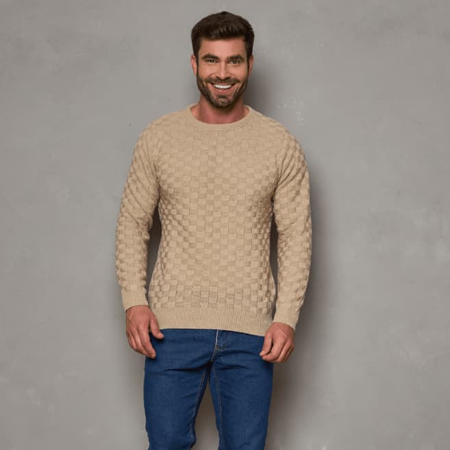 Suéter Lã Tricô Xadrez Blusa de Frio Masculina Manga Longa Social Casual Gola Redonda Lisa Malha