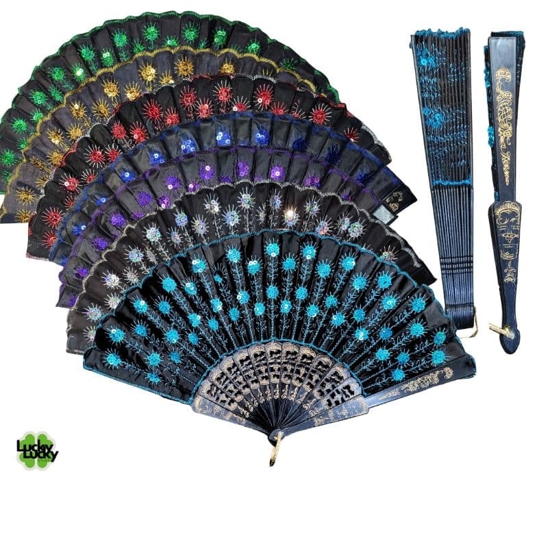 1/3/6/12 Leques Pomba Gira Cigana Luxo Paetê Cores Vermelho, azul claro, azul escuro, amarelo, verde, roxo, branco