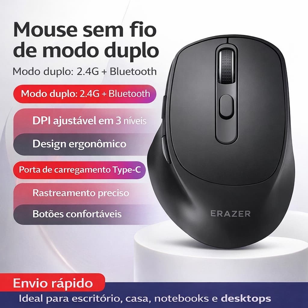 Mouse Sem Fio 2.4G Bluetooth Recarregável 1600DPI