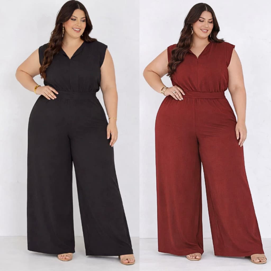Macacão Ju Feminino Plus Size e Slim Social Com Tira Amarração Cintura Pantalona Longo Moda Evangélica Elegante Mulher