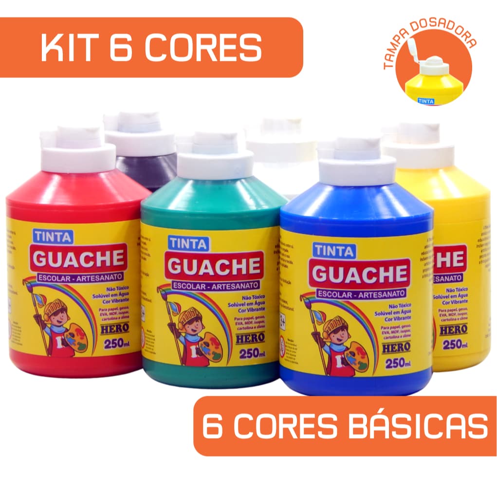 Guache Escolar 250ml - Marca HERO - Kit com 6 potes