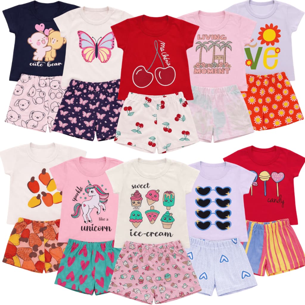 Kit 10 Peças Roupa Infantil Calor feminino - 5 Conjunto Verão Menina Moletinho Criança e Bebe 5 Camiseta 5 Short