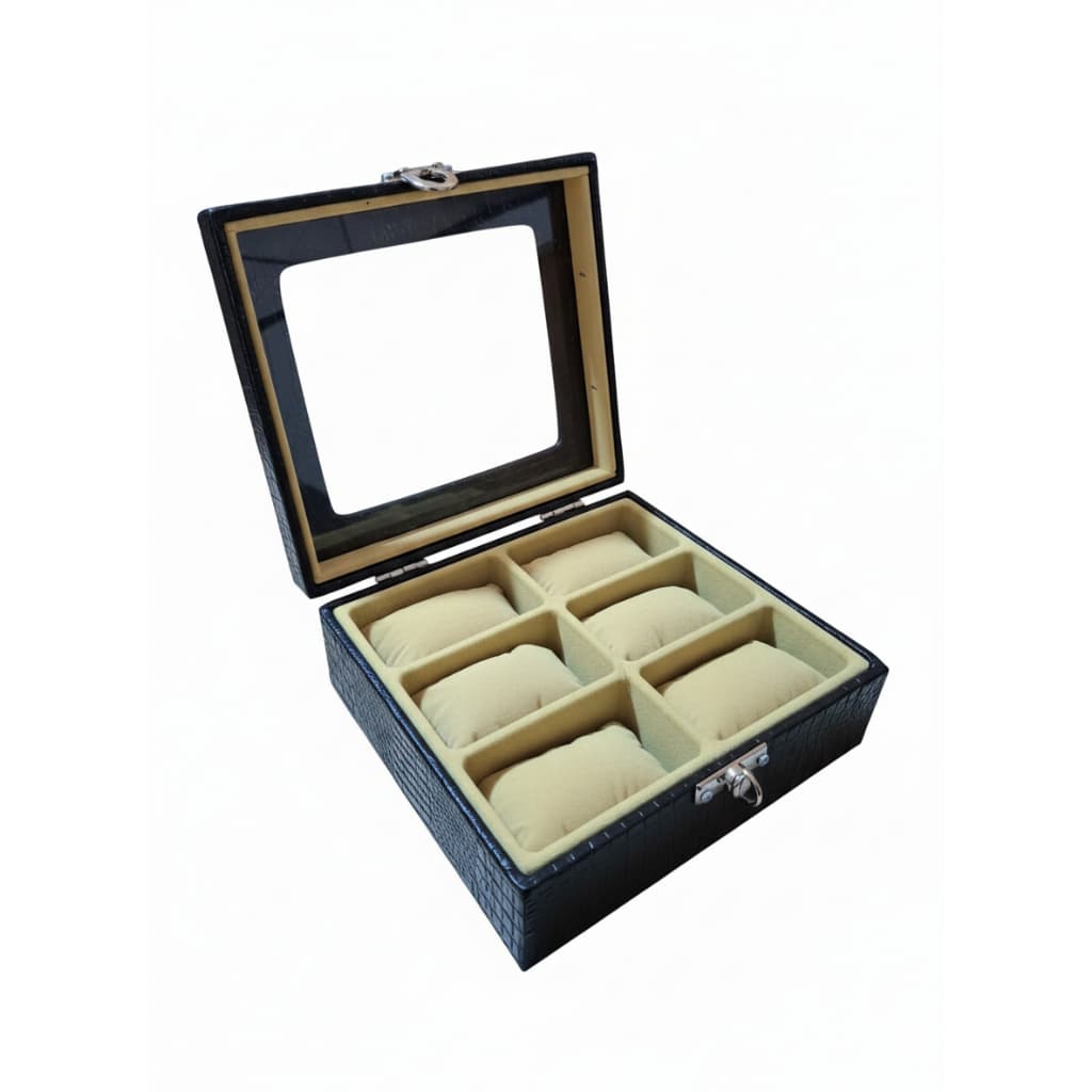 Caixa Maleta Estojo Para 6 Relógios Com Vidro Preto Com Interno Aveludado Bege