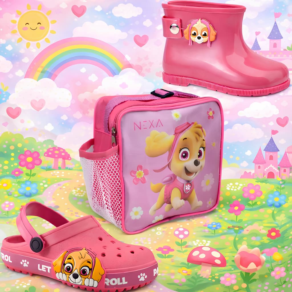 Kit 3 em 1 Bota Coturno + Babuche Macia Lancheira Escolar Menina Patrulha Volta às Aulas