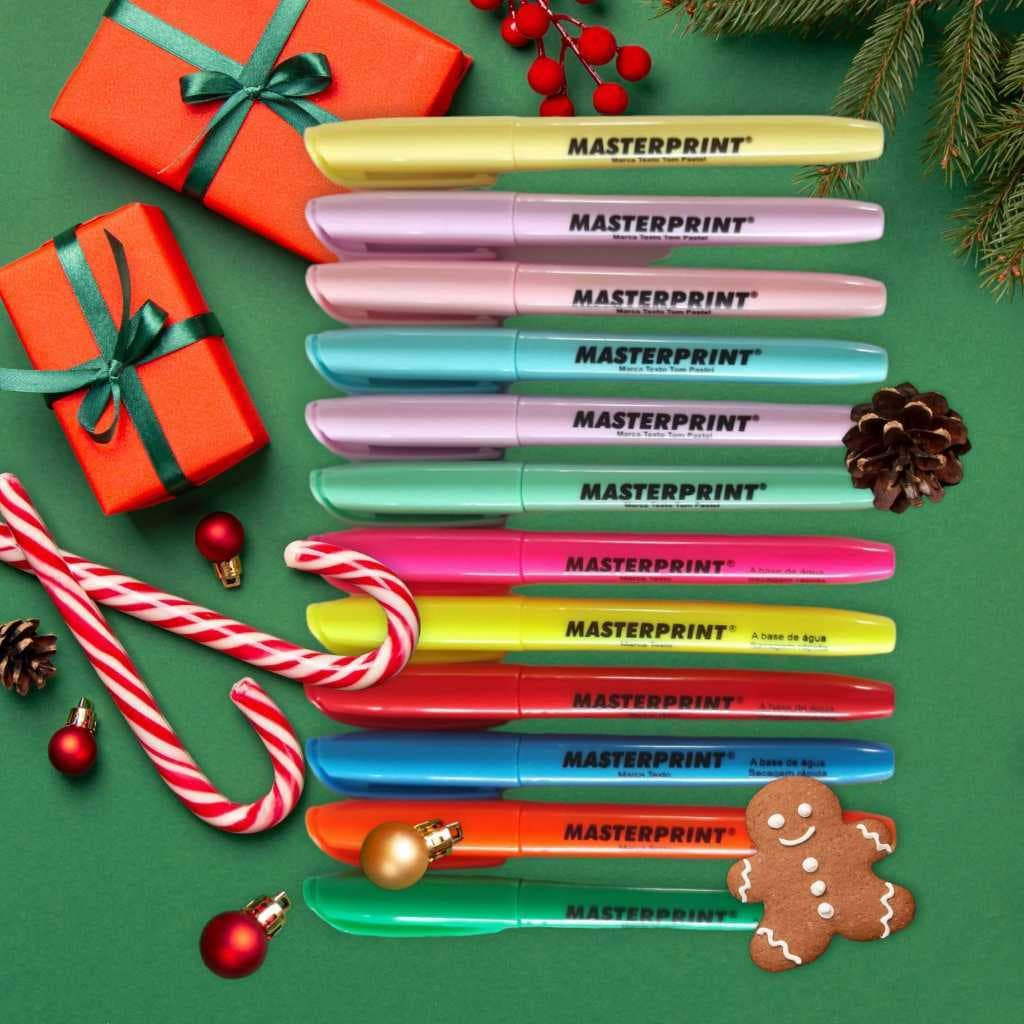 Kit 12 Canetas Marca Texto Masterprint (6 Tons Neons + 6 Pastéis)