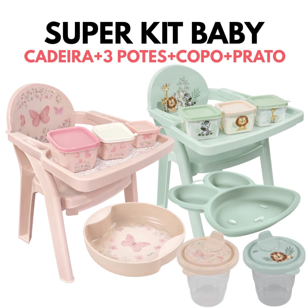 Super linha Baby alimentação Infantil– Cadeira de Refeição + 3 Potes + Copo + Prato Urso BPA Free Bebê Menino Menina